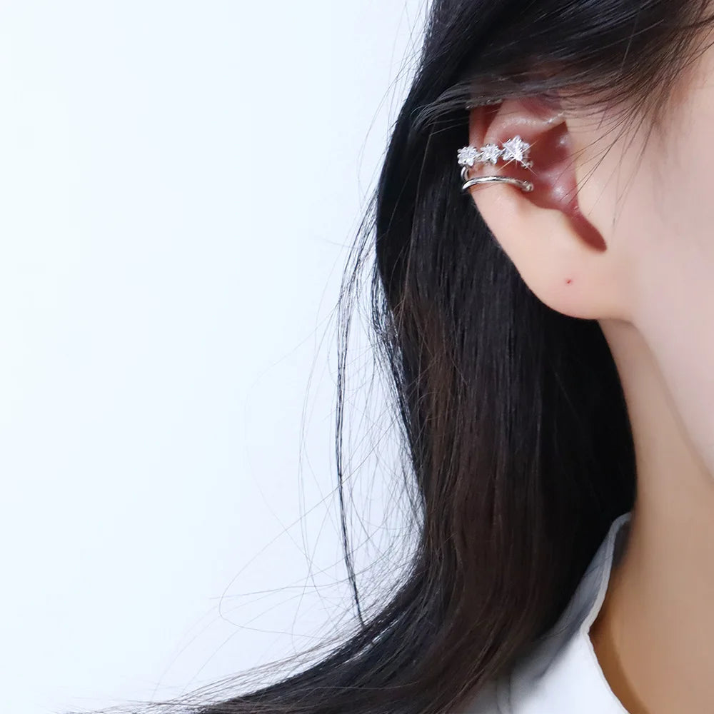 Sparkling Zircon Star Ear Clip for Women Without Piercing Long Tassel Sweet Ear Cuff Clip Earrings Wedding Jewelry Gift