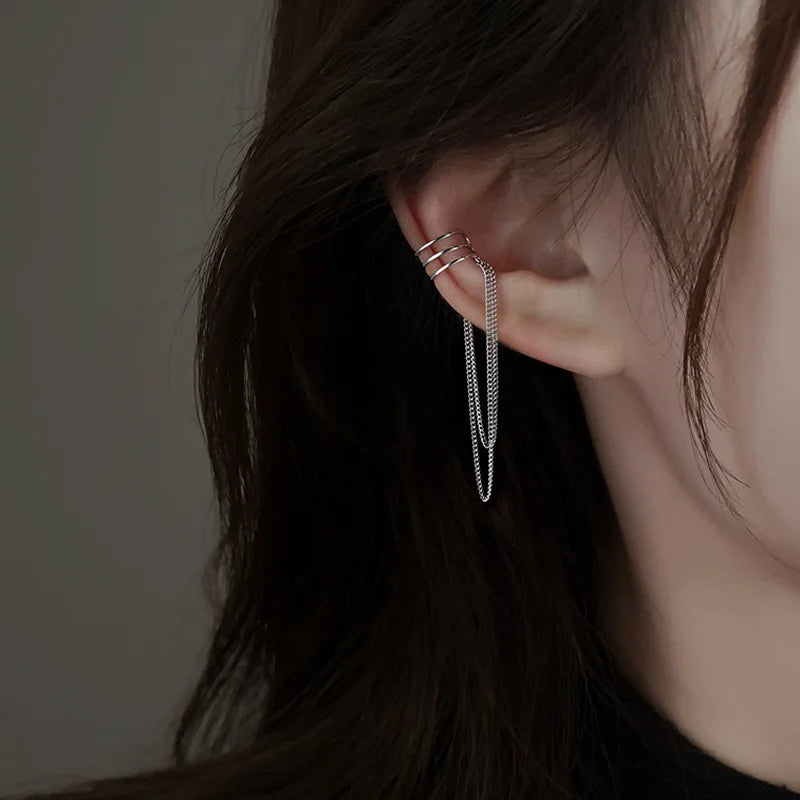 Sparkling Zircon Star Ear Clip for Women Without Piercing Long Tassel Sweet Ear Cuff Clip Earrings Wedding Jewelry Gift