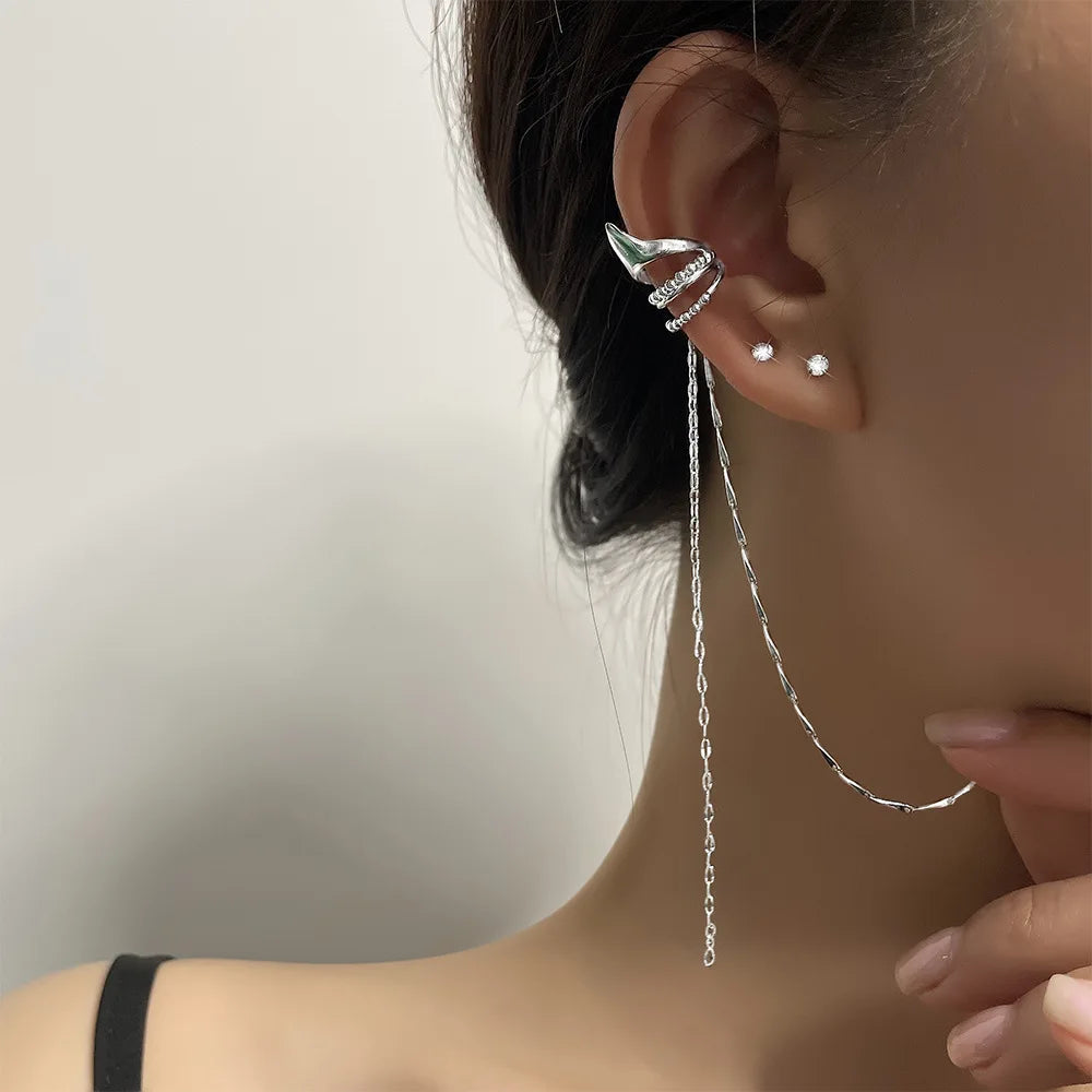 Sparkling Zircon Star Ear Clip for Women Without Piercing Long Tassel Sweet Ear Cuff Clip Earrings Wedding Jewelry Gift
