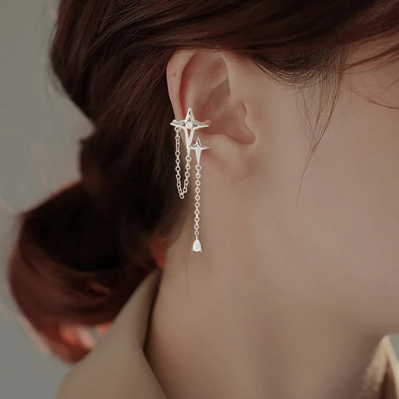 Sparkling Zircon Star Ear Clip for Women Without Piercing Long Tassel Sweet Ear Cuff Clip Earrings Wedding Jewelry Gift