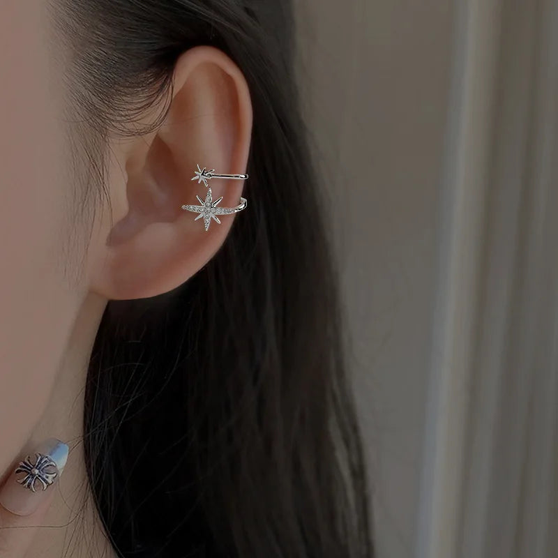 Sparkling Zircon Star Ear Clip for Women Without Piercing Long Tassel Sweet Ear Cuff Clip Earrings Wedding Jewelry Gift