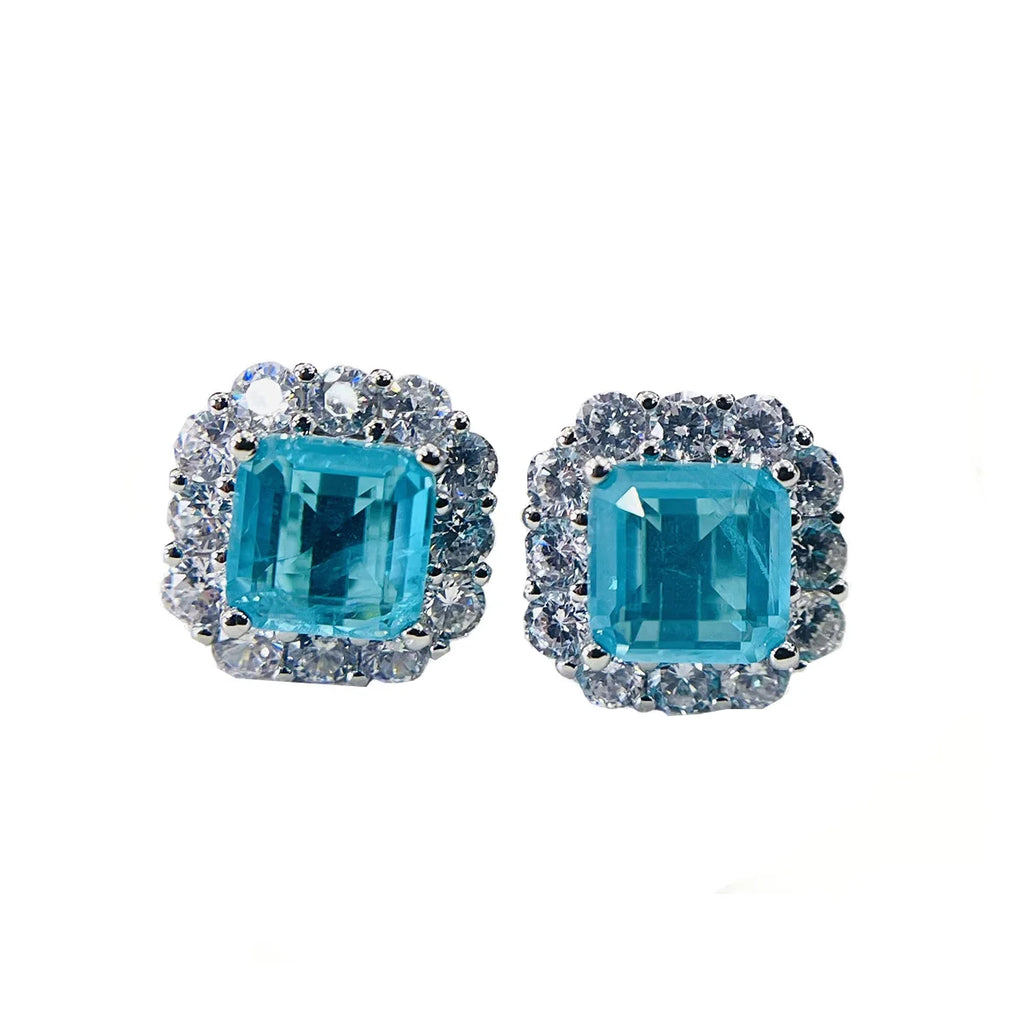 925 Sterling Silver 12*12mm Square Earrings for Women Elegant Paraiba Tourmaline Engagement Wedding Statement Earring Jewelry