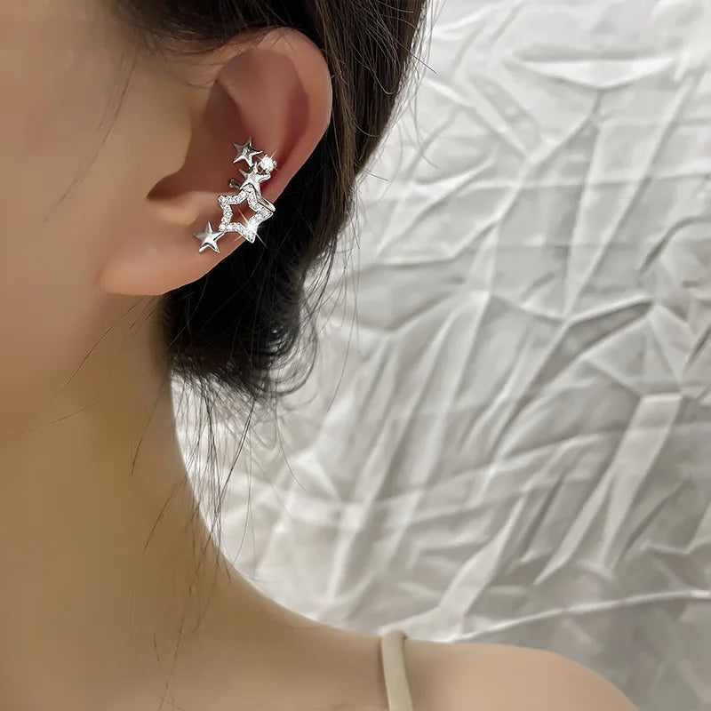 Sparkling Zircon Star Ear Clip for Women Without Piercing Long Tassel Sweet Ear Cuff Clip Earrings Wedding Jewelry Gift