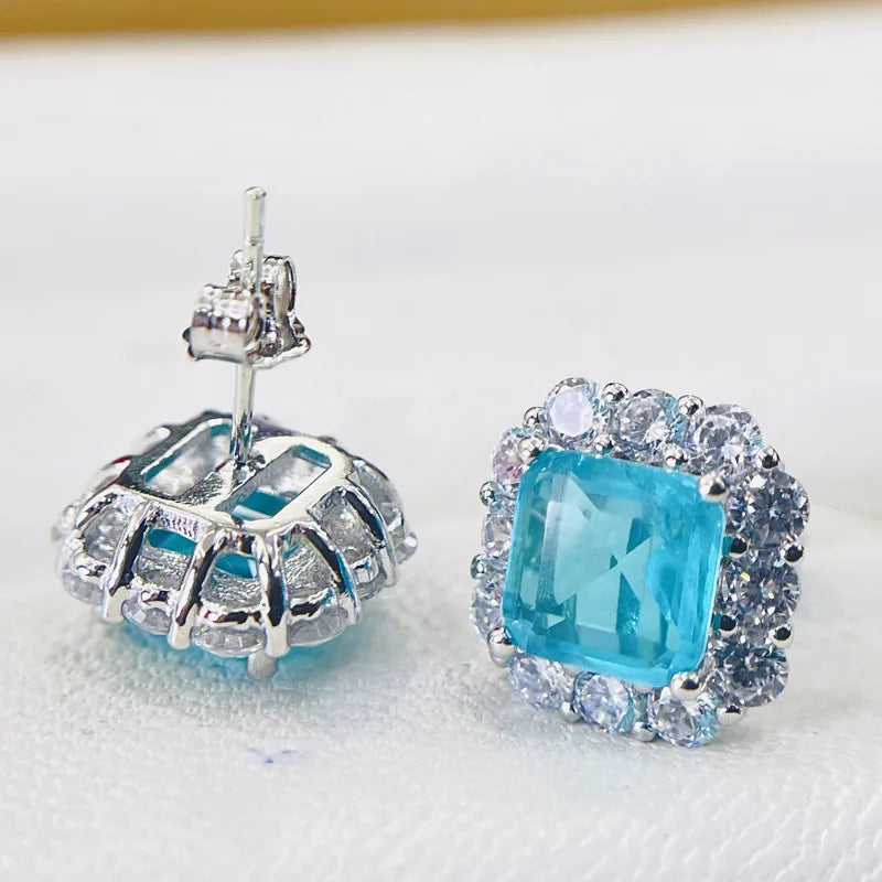 925 Sterling Silver 12*12mm Square Earrings for Women Elegant Paraiba Tourmaline Engagement Wedding Statement Earring Jewelry