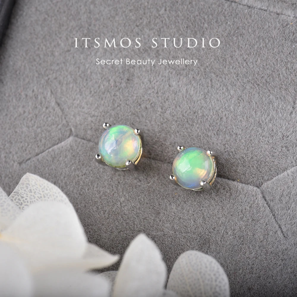 ITSMOS Genuine Opal Round Earrings 5mm Natural Gemstone Simple Studs Piercing Birthstone Earrings for Women Gift