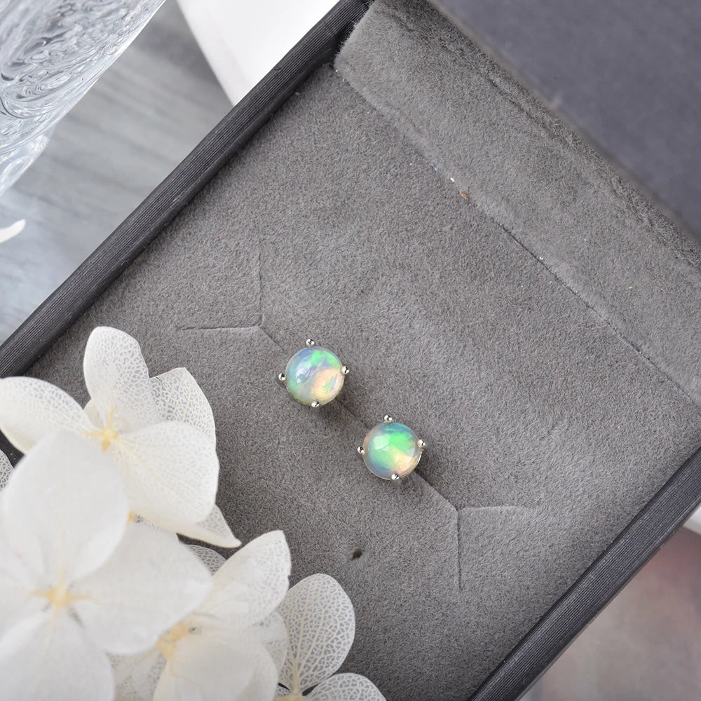 ITSMOS Genuine Opal Round Earrings 5mm Natural Gemstone Simple Studs Piercing Birthstone Earrings for Women Gift