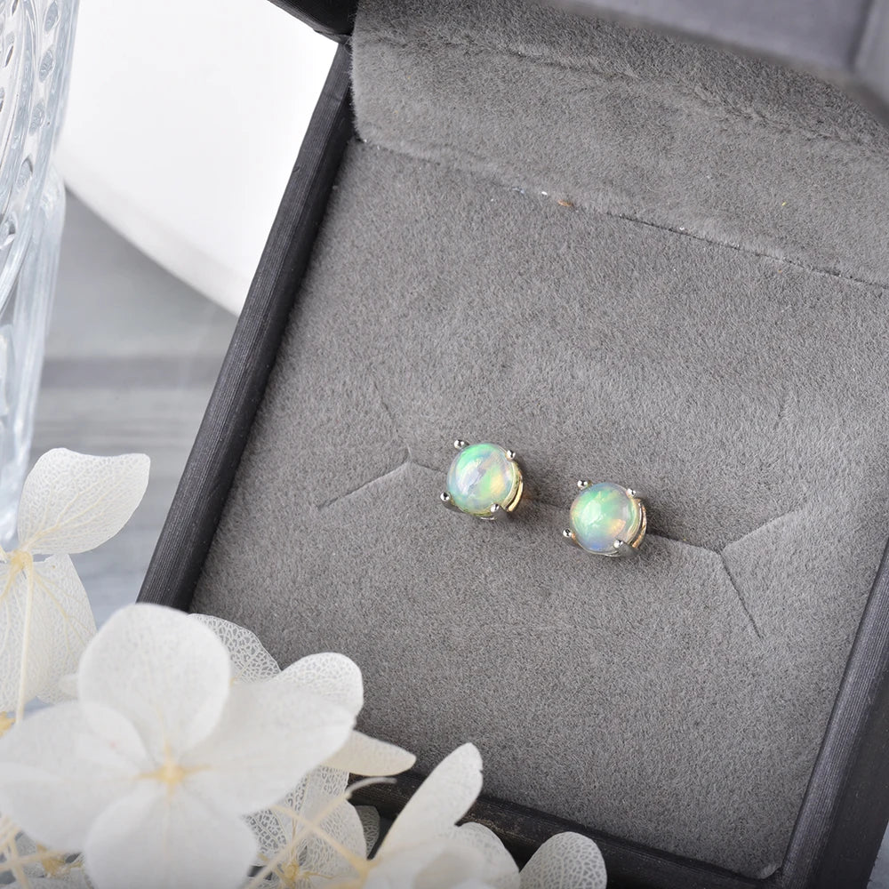 ITSMOS Genuine Opal Round Earrings 5mm Natural Gemstone Simple Studs Piercing Birthstone Earrings for Women Gift
