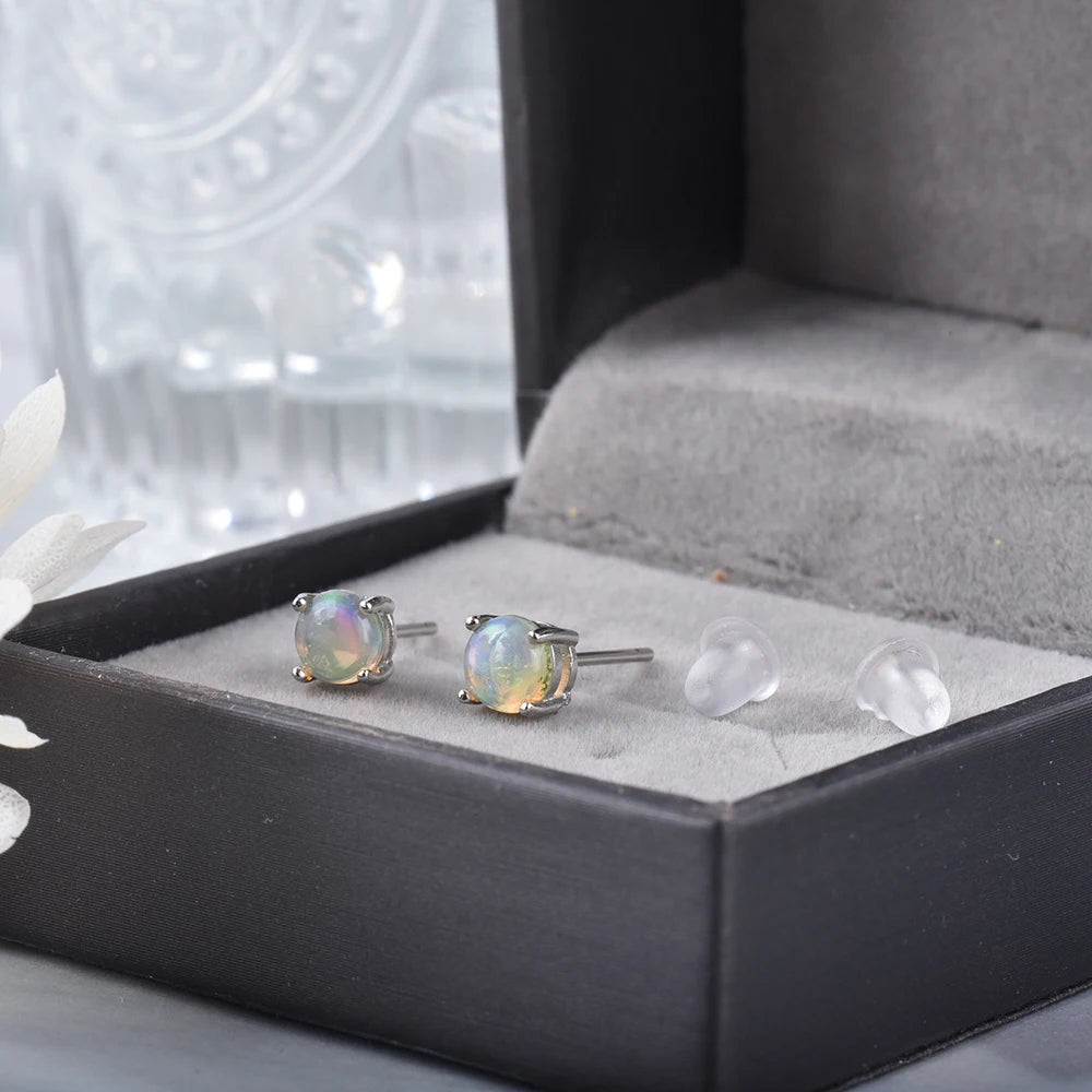 ITSMOS Genuine Opal Round Earrings 5mm Natural Gemstone Simple Studs Piercing Birthstone Earrings for Women Gift