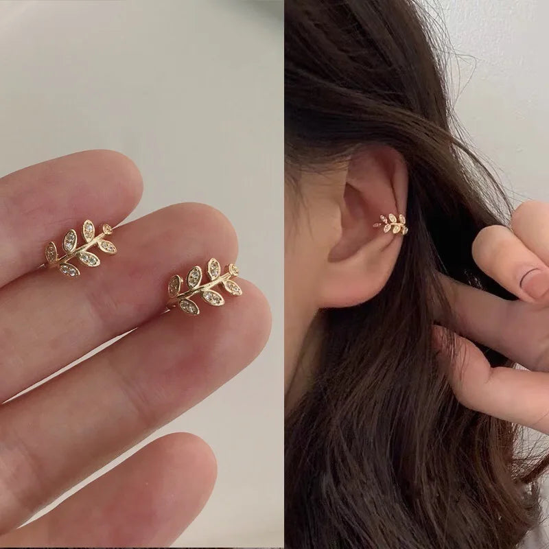 Fashion Gold Color Leaf Clip Earring For Women Without Piercing Puck Rock Vintage Crystal CZ Ear Cuff Girls Party Jewerly