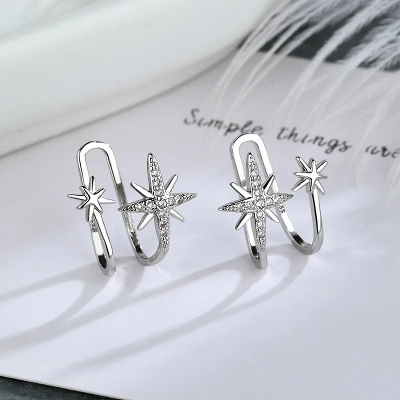 Sparkling Zircon Star Ear Clip for Women Without Piercing Long Tassel Sweet Ear Cuff Clip Earrings Wedding Jewelry Gift