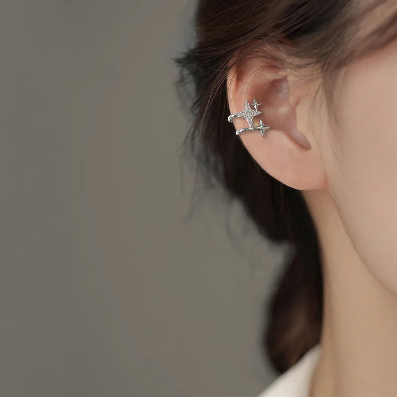 Sparkling Zircon Star Ear Clip for Women Without Piercing Long Tassel Sweet Ear Cuff Clip Earrings Wedding Jewelry Gift